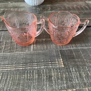 Pink Cherry Blossom Creamer and Open Sugar Jeannette Glass Vintage